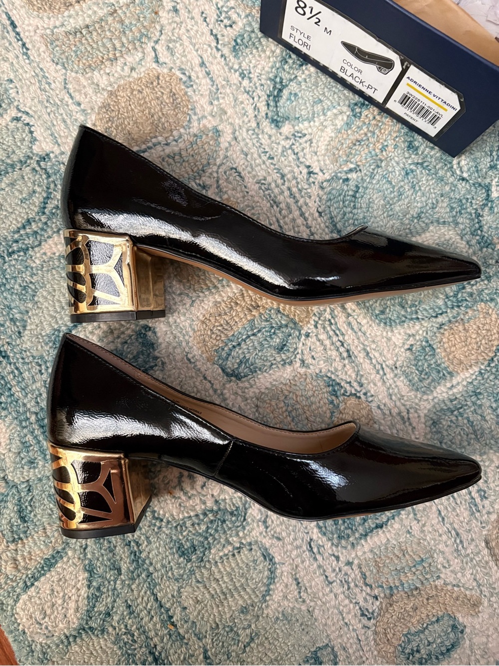 Adrienne Vittadini Black Patent Block Heel Pumps with Gold Cutout Accent